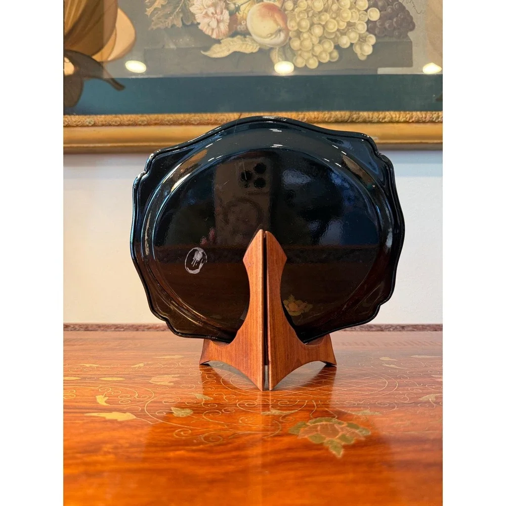 Vintage Black Tole Floral Tray - Hand‎ Painted with Stand
